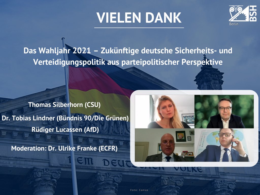 bsh_berlin's tweet photo. Vielen Dank an @SilberhornMdB, @MdB_Lucassen, @tobiaslindner und @RikeFranke für die spannende Diskussion zur deutschen Verteidigungs-&amp;SiPol #btwahl21.

Morgen dann mit: @fritzfelgentreu @alexmuellerfdp @voglerk Moderation: @Julia_Weigelt 

➡️https://t.co/hduxo1jeC1

@BSH_Presse https://t.co/ejCNPw6WZ7