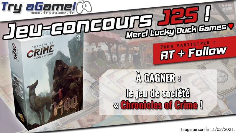 TryAGame's tweet photo. 🎁#Concours #J2s 🎁

À gagner #ChroniclesOfCrime la série millénaire de chez @LuckyDuckFR @luckyduckgames
Pour participer, rien de plus simple

🔄 RT ce tweet
✔️ Follow  @TryAGame ET @LuckyDuckFR

📅 TAS : 14/03/2021

Bonne chance 🍀 https://t.co/BWifGy1zUj