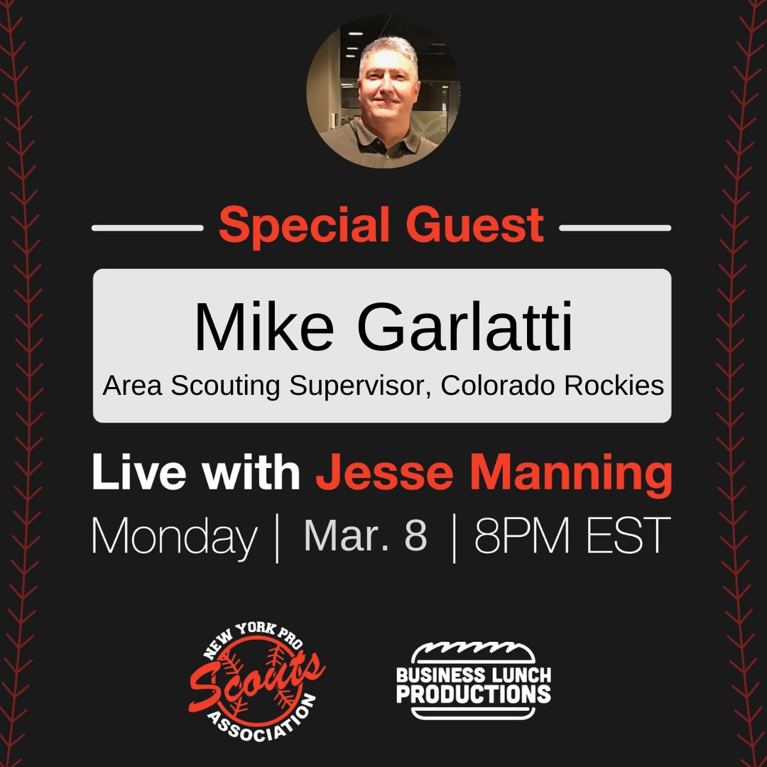 nyproscouts's tweet photo. 🎥: Join @thejessemanning of @BizLunchProd as he welcomes @RockiesMG1 @Rockies Area Scouting Supervisor to IG Live tonight! 🗽⚾️

⌚️: 8 PM EST
📱: Our @instagram page
(@nyproscouts)

#NYProScouts | @RCNJAthletics |@RutgersBaseball | @Warehouse_Ball | @UT_Baseball https://t.co/JVKQ3DrpI2