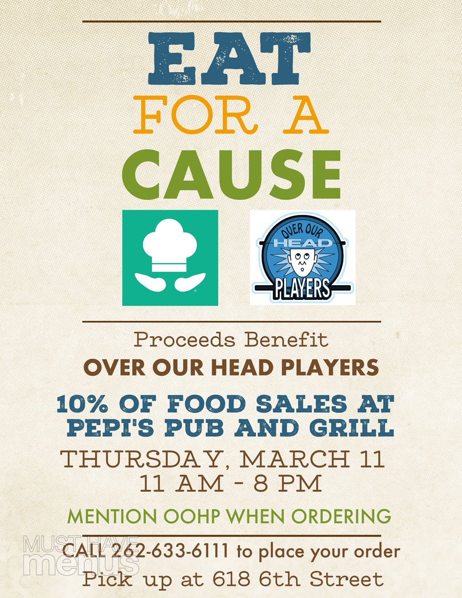 Join us at <a href="/PepisPubnGrill/">PepisPub&Grill</a> this Thurs 11AM - 8PM. Place an order for pick-up, mention Over Our Head Players when ordering via phone (262-633-6111), and Pepi's will donate 10% of food sales to OOHP! Make it dinner and a show with Snowdance streaming at overourheadplayers.org.