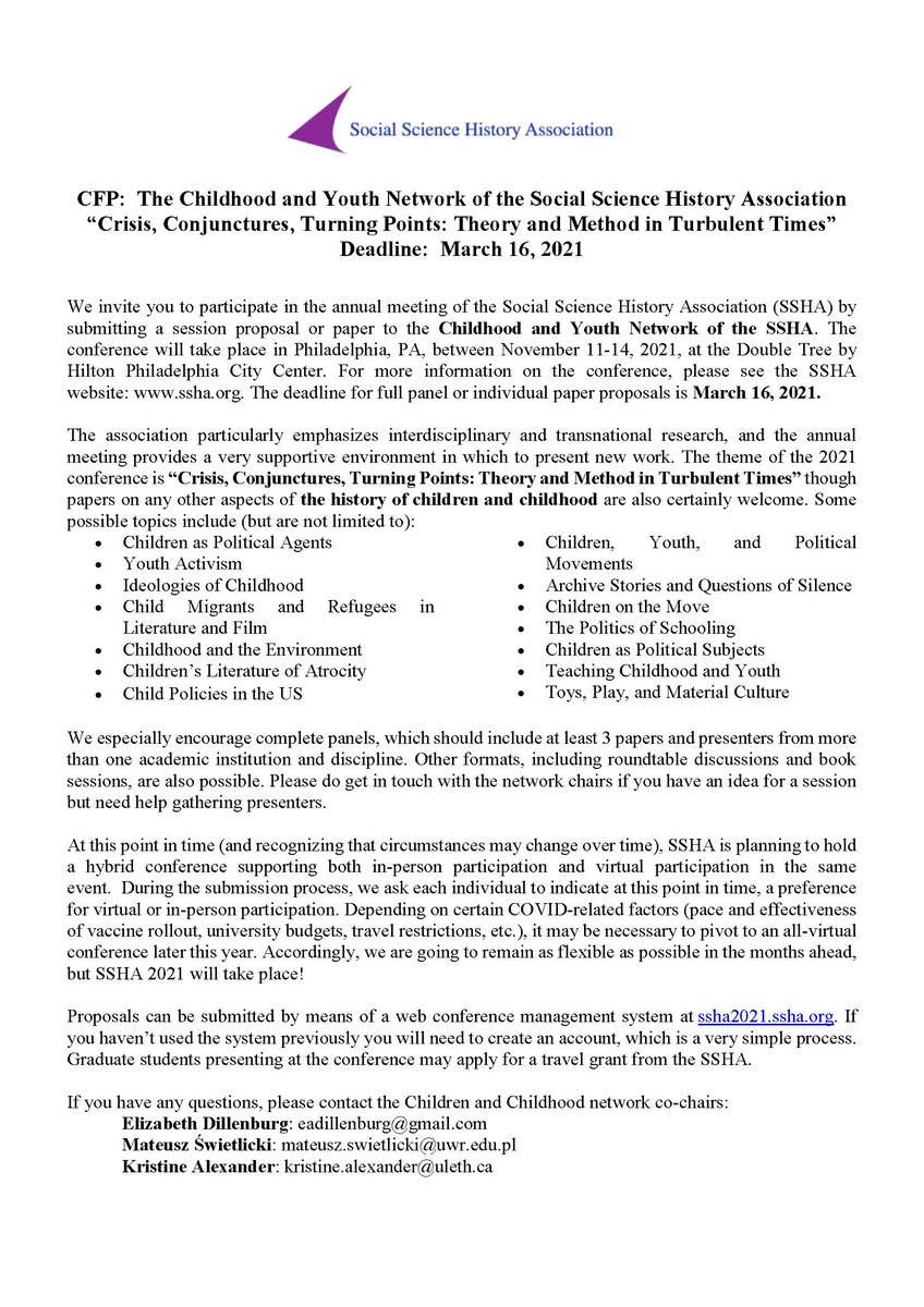 CFP: Childhood and Youth Network of the Social Science History Association--Deadline March 16th #histchild <a href="/socscihist/">SSHA</a>