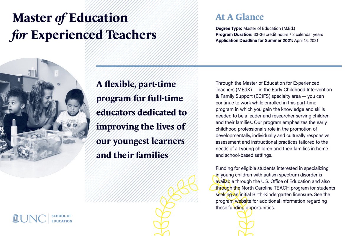 Early Childhood Friends in NC! The deadline to apply for a master degree in Education for experienced teachers  is April 13th!!! Tell your friends and colleagues to apply...and attend an info session this Thursday 3/11 at 6pm EST ed.unc.edu/event/medx-eci…