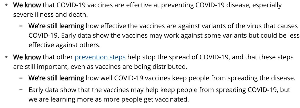 As someone who has not always been happy with the CDC's messaging, I think their new guidance for vaccinated people is quite good.

It acknowledges a lot of complexity and uncertainty with phrases like "for now", "still learning", etc.

cdc.gov/coronavirus/20…