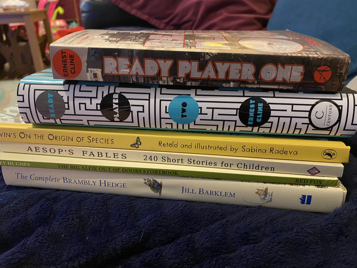 First birthday stack of books has arrived. 

Ready Player One 
Ready Player Two 
Retold & Illustrated An Origin of the Species 
Aesop’s Fables 
Alfie & Annie-Rose 
The Complete Bramley Hedge https://t.co/f1Jx3dnsHK