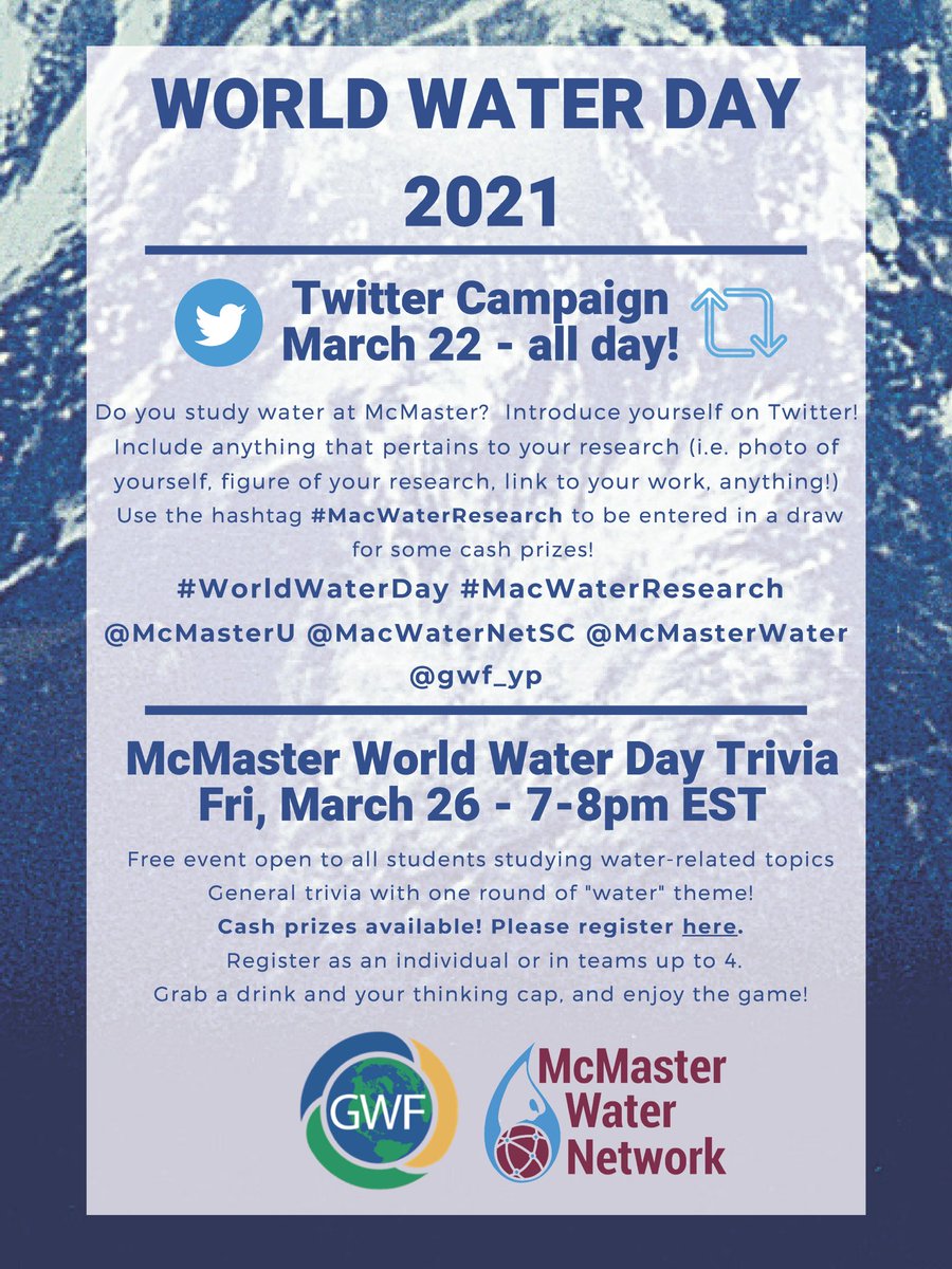 McMasterWater's tweet image. Showcase your research to enter a draw for cash prizes and join us for trivia Friday, March 26 at 7pm!