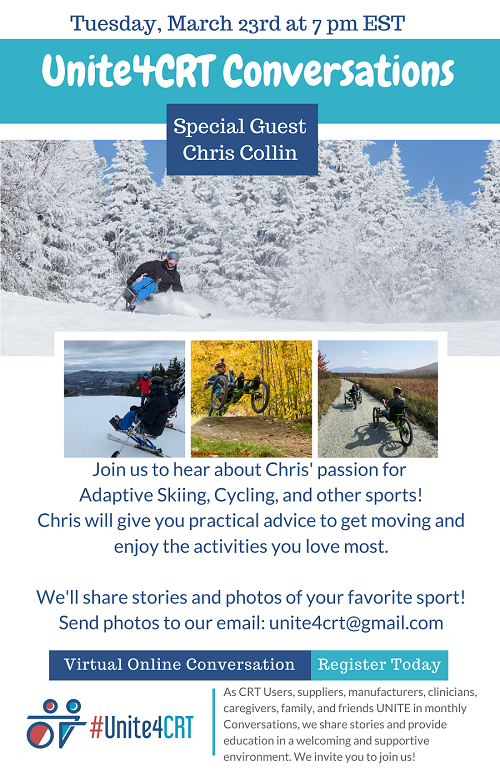CrtUnite4's tweet photo. It's almost time for Unite4CRT Conversations! Post YOUR adaptive sports photos and we'll use them as we talk about how to stay active and enjoy a favorite sport! https://t.co/PYAsviMMHg @MCWheelchairs @cdvATP https://t.co/I84mIQJP8n