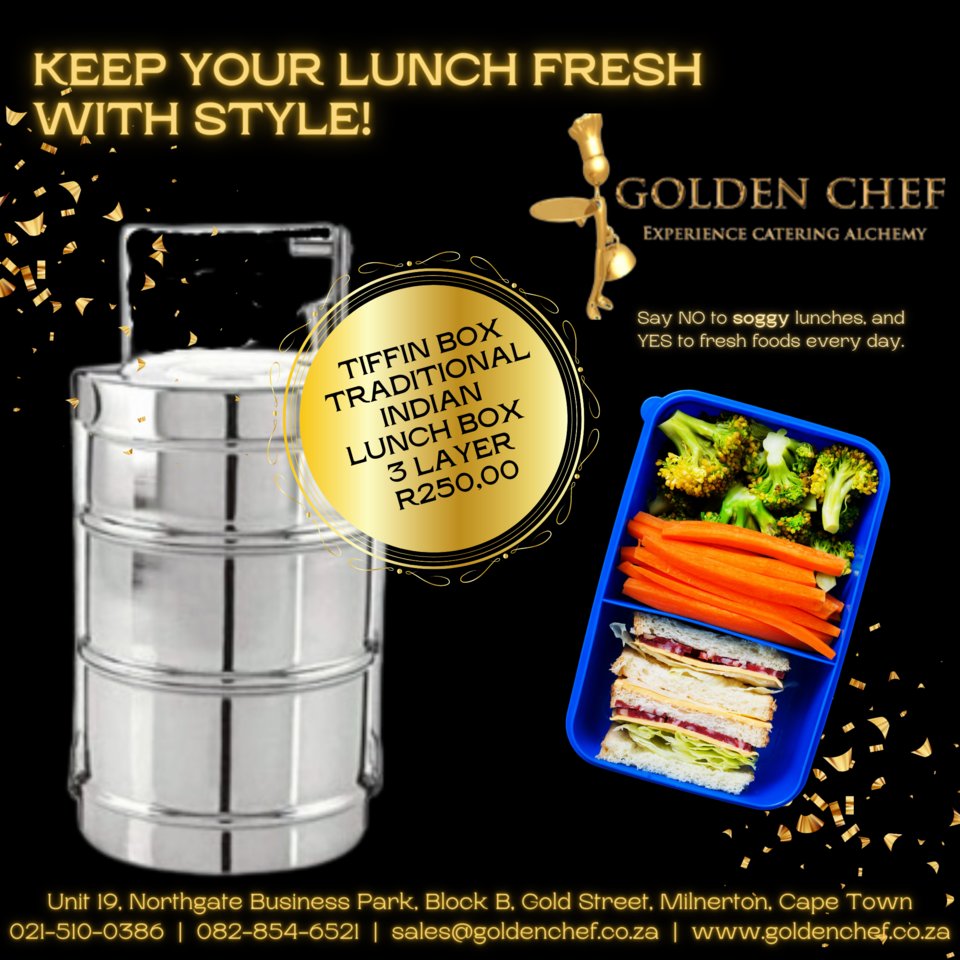 GoldenChefSA's tweet image. We love these - and we know you and your children will too - a traditional Indian Tiffin lunch box.  3 - layered R250.00
Say NO to soggy lunches and YES to fresh food every day.  #purchaseonline #showroom #northgatebusinesspark #brooklyn
goldenchef.co.za #lunchbox