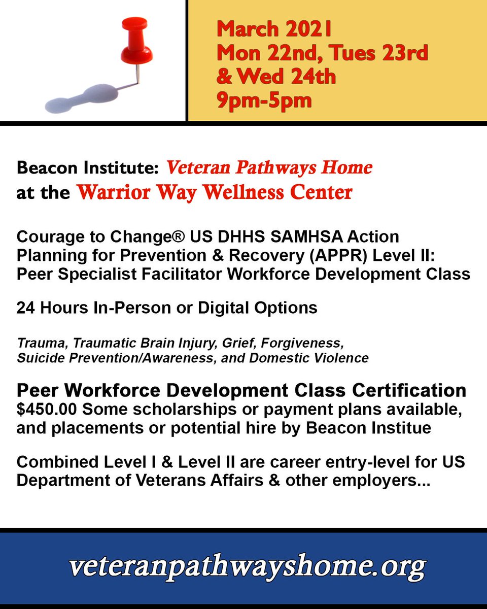 VetPathwaysHome's tweet image. Action Planning for Prevention &amp;amp; Recovery (APPR) Courses 
Level II Monday, Tuesday, Wednesday March 22, 23, 24 9am-5pm
To register call us at (804) 384-9325