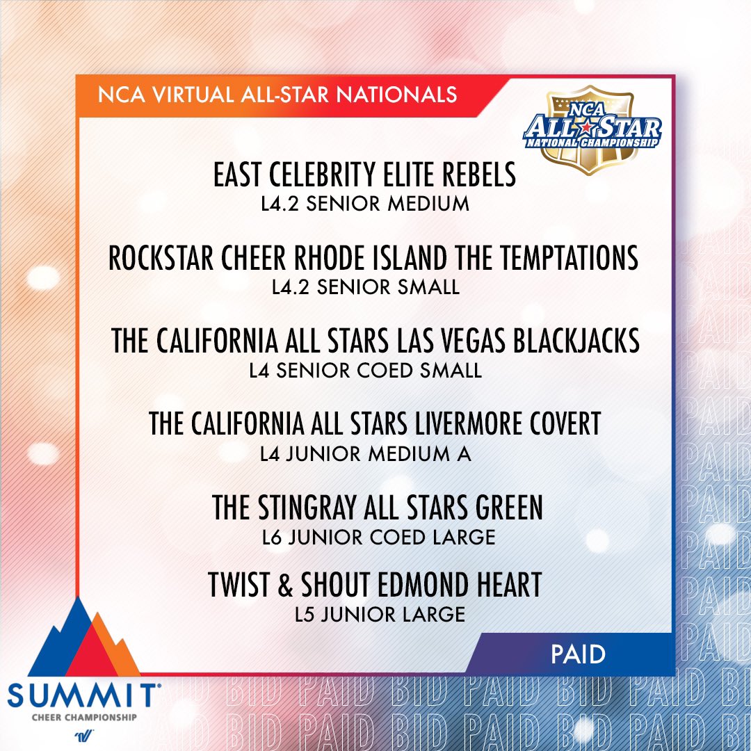 NCAupdates's tweet photo. CONGRATULATIONS to our 2021 #NCAnationals teams that received a PAID bid to #TheSummit21! 🏔✨ https://t.co/77nhlPAphv