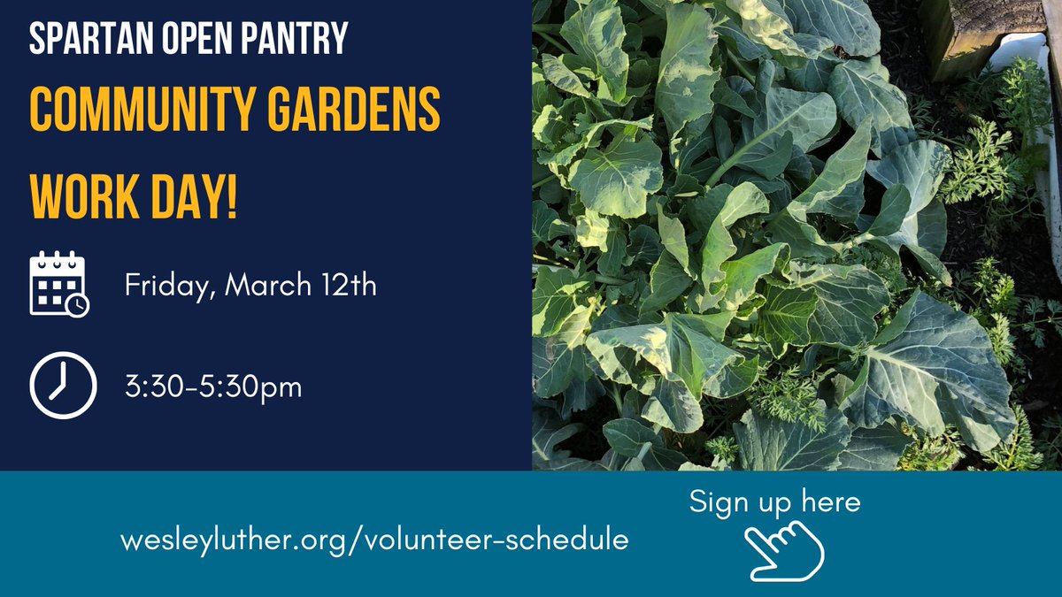 Volunteer with Spartan Open Pantry by joining us for a work day in the gardens! Sign up at wesleyluther.org/volunteer-sche…. See you soon!