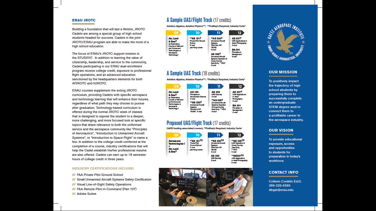 Scott Bates (@batesjrotcsasi) on Twitter photo Choctaw AFJROTC is proud to announce a new partnership with ERAU Gaetz Aerospace Institute.  We will be offering 3 new Dual Enrollment, fully weighted courses:  
AS 120 Principles of Aeronautical Science
AS 220 Unmanned Aircraft Systems
AS 121 Private Pilot Operations Choctaw AFJROTC is proud to announce a new partnership with ERAU Gaetz Aerospace Institute.  We will be offering 3 new Dual Enrollment, fully weighted courses:  
AS 120 Principles of Aeronautical Science
AS 220 Unmanned Aircraft Systems
AS 121 Private Pilot Operations