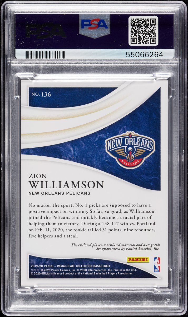 2019 Panini Immaculate Zion Williamson RC No. 136 Patch Autograph TAG (1/5) PSA 9 (AUTO 10) - Bidding ends March 25. collectauctions.net/2019_Panini_Im…