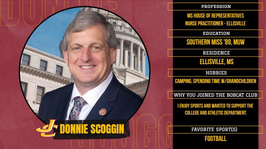 JCFound_Alum's tweet photo. 𝗕𝗼𝗯𝗰𝗮𝘁 𝗖𝗹𝘂𝗯 𝗠𝗲𝗺𝗯𝗲𝗿 𝗦𝗽𝗼𝘁𝗹𝗶𝗴𝗵𝘁 𝗠𝗼𝗻𝗱𝗮𝘆 
Donnie Scoggin is the Mississippi State Representative for House District 89, where he serves the people of Jones County. He enjoys sports, and is a big football fan. https://t.co/BTXBYJHp5G