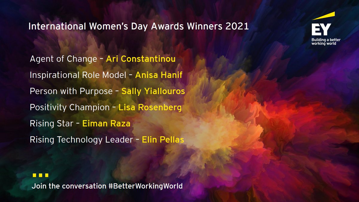 Congrats to all the @EY_UKI people who won an #IWD2021 award tonight for accelerating #genderparity: 

@AriConstantinou
@AnisaHanif
@SallyYiallouros
@LisaRosenberg
@EimanRaza
@EllinPellas
 
#ChooseToChallenge @EYWomensNetwork @EY_WFF