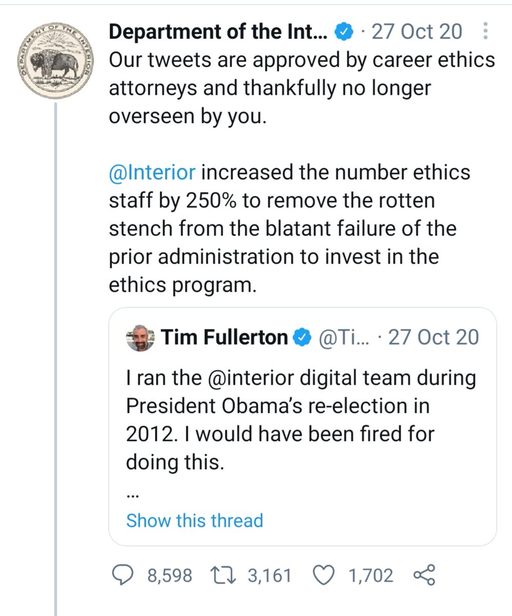 1/Last Nov we filed  #FOIA lawsuit for  @JMadisonProject &  @NoahShachtman against  @Interior to learn who tweeted this unprofessional Public Affairs msg in response to  @TimFullerton. No federal agency should act this way. Today, we settled case & learned  @BenGoldey was responsible.