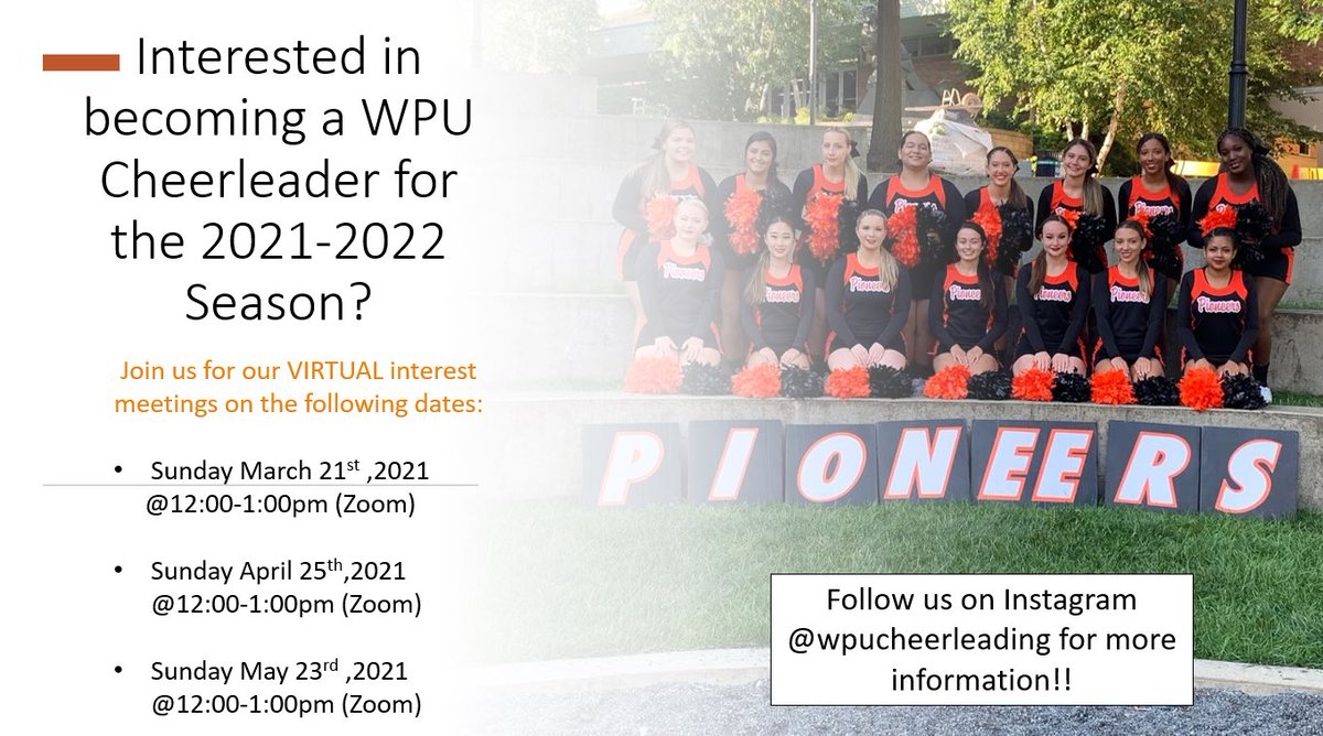 Who’s excited for next cheer season?? We know we are and we would love to see you all there! WPU Cheer e-board members are hosting three virtual interest meetings discussing next season. If you are interested, please join and we cannot wait to see you all!🧡🖤 #wpunj #wpucheer