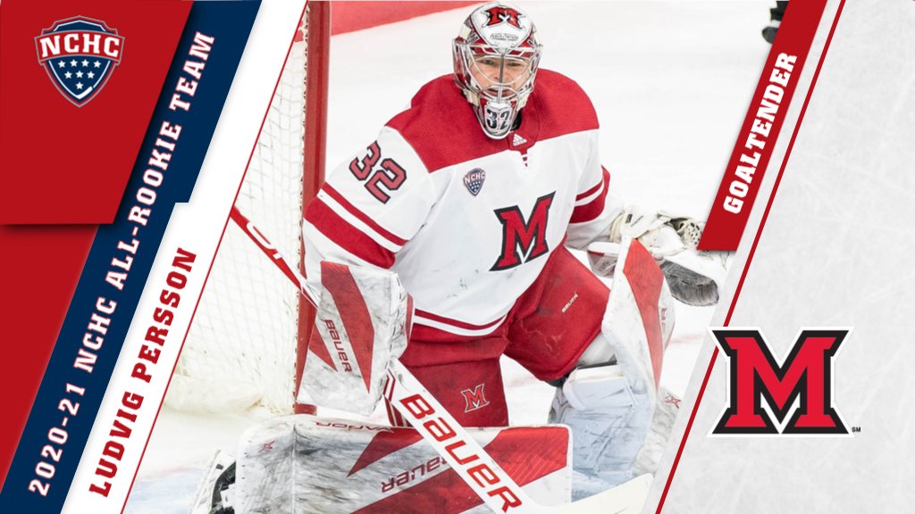 TheNCHC's tweet photo. He led all of #NCHCHockey with a .930 save % in 17 starts for @MiamiOH_Hockey, while posting a 2.40 GAA with a pair of shutouts 🙅‍♂️

Ludvig Persson is a UNANIMOUS All-Rookie Team selection

📰: https://t.co/hiwMkRVfEI | #RiseUpRedHawks https://t.co/56nqf3GMG3