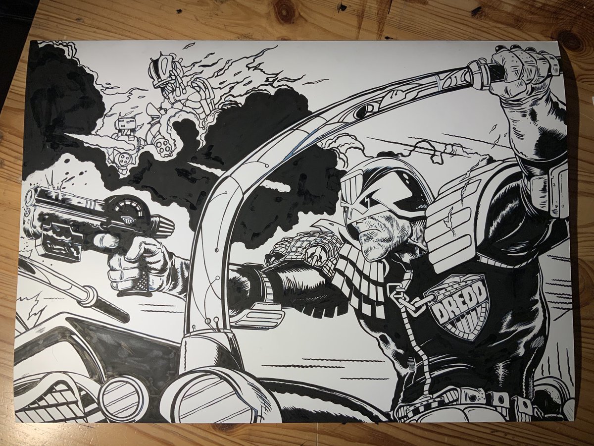 Opipop's tweet photo. I want to thank everyone who retweeted the #charity raffle - a sketch of mine was won and here is the finished artwork of #Dredd https://t.co/VrOnnJa3xl #ComicArt 1184 pounds was raised for a great cause. Well done @scowlingmonkey for organising it! https://t.co/q6bSenx3TO