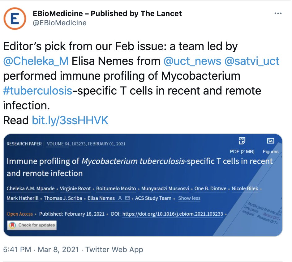 Cheleka_M's tweet photo. Loving the academic version of a shout-out...@EBioMedicine Editors Pic for Feb issue (Bday month) &amp; @atscommunity AJRCCM commentary :)
It was a massive team effort, and couldn't be done w/out the clinical team and PARTICIPANTS!! :) https://t.co/f1HU6AWUHT