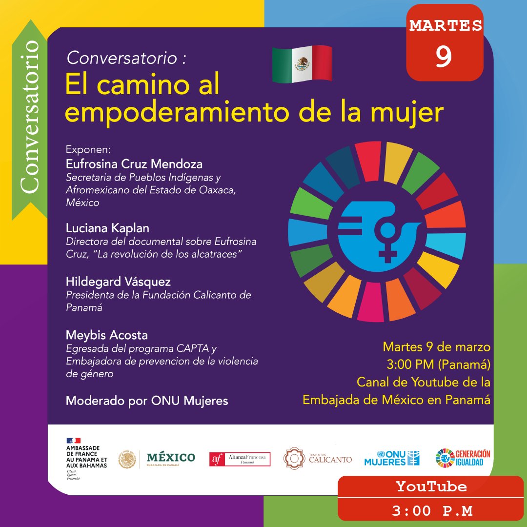Juntos, actuemos por la igualdad de género! Les invitamos mañana a participar en nuestro conversatorio "El camino al empoderamiento de las mujeres" 👱‍♀️🤝🧑
<a href="/EmbaMexPan/">Embajada de México en Panamá</a> <a href="/AlianzaFrPanama/">Alianza Francesa Panamá</a> <a href="/GenEgaliteFR/">Forum Génération Égalité</a> <a href="/ONUMujeres/">ONU Mujeres</a> <a href="/fundcalicanto/">Fundacion Calicanto</a> 
#derechosdelasmujeres #Francofonia #generacionigualdad
