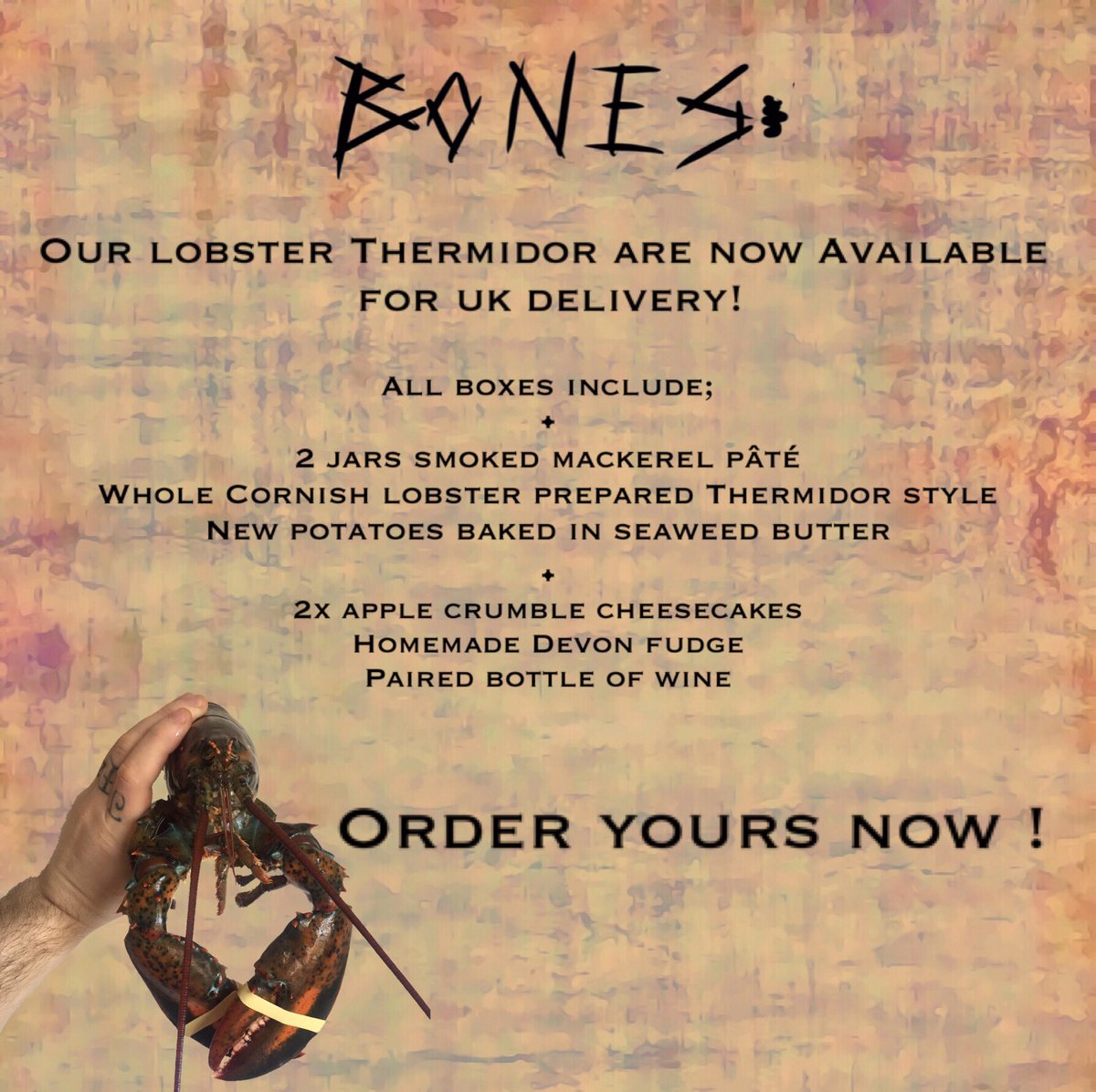 leeskeet's tweet image. **COMPETITION**

Our popular lobster Thermidor are now available for UK wide delivery!

Boxes contain;
2x mackerel pâté 
Whole Cornish lobster
Sides
Dessert
Wine
Fudge

To win one for yourself just like and RT this post &amp;amp; I’ll pick a winner on Friday 19th
bones-entertainment.com/collections/co…