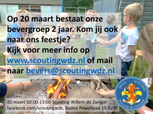 2 jaar bevers!

De beverspeltak bestaat deze maand alweer 2 jaar, en dat gaan we natuurlijk vieren!

Op 20 maart is het zover en is ons verjaardagsfeestje. We hebben een extra lange en feestelijke opkomst en eindigen met de pannenkoeken van Eelco. Er zij… ift.tt/3ejZQ4k