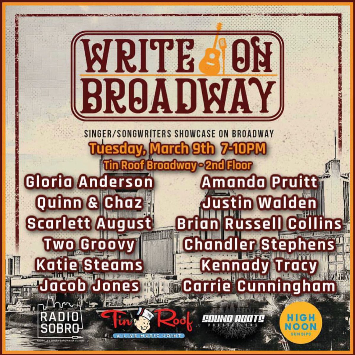 ChanStephMusic's tweet photo. Looking forward to playing @writeonbroadwaynashville @tinroofbroadway with this group of talented singer/songwriters! 
.
.
.
.
.
#writersnight #nashvilletn #broadway #singersongwriter #storytellingtomusic #radiosobro #countrymusic #musiccity #femalecountry #wouldvegonehomeoutnow https://t.co/B2PQERQPnu