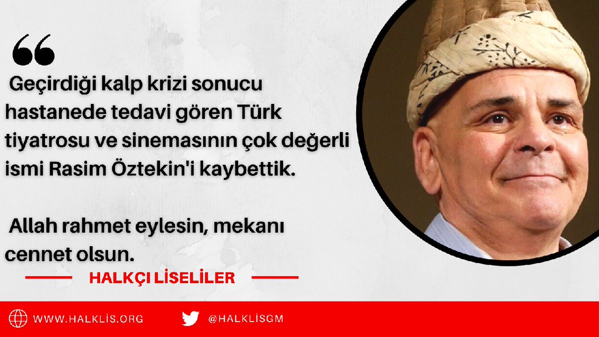 Geçirdiği kalp krizi sonucu hastanede tedavi gören Türk tiyatrosu ve sinemasının çok değerli ismi Rasim Öztekin'i kaybettik.

Allah rahmet eylesin, mekanı cennet olsun.
#rasimoztekin