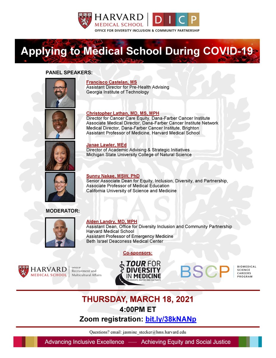HMS Diversity Inclusion & Community Partnership (@hms_dicp) on Twitter photo Join us for a webinar on Applying for Medical School during COVID-19. Students and family, staff, and faculty from all universities and colleges are welcome to attend. Moderator <a href="/AMLandryMD/">Alden Landry</a> Thurs March 18 4pm dicp.hms.harvard.edu/events/2021/Ap⦠Join us for a webinar on Applying for Medical School during COVID-19. Students and family, staff, and faculty from all universities and colleges are welcome to attend. Moderator <a href="/AMLandryMD/">Alden Landry</a> Thurs March 18 4pm dicp.hms.harvard.edu/events/2021/Apā¦