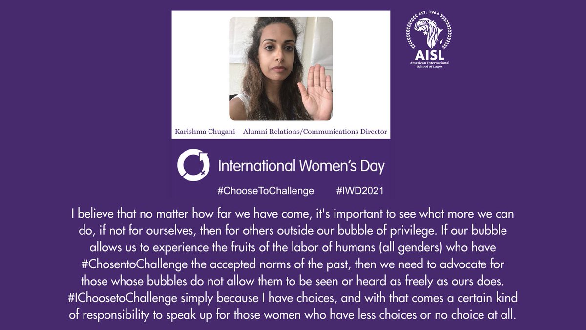 aislagos's tweet photo. It starts from the top! Our leaders reinforce their commitment to gender inclusion and equity. Today and always, they #choosetochallenge biases and inequality within and outside the walls of #AISLagos. #Eaglessoar https://t.co/gCqhQC7wrb