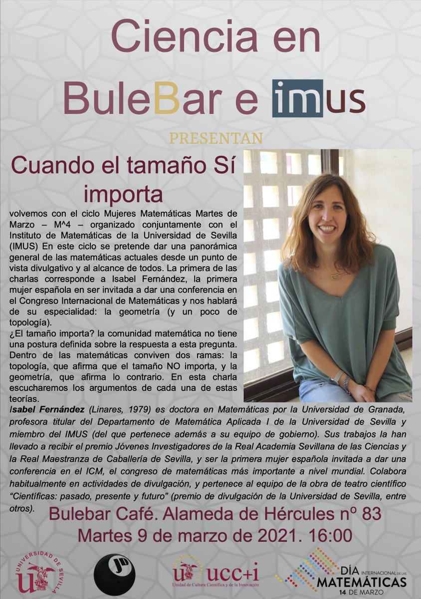 IMUS (@imus_us) on Twitter photo ⌚️Martes 9/3 a las 16:00
Isabel Fernández: "Cuando el tamaño SÍ importa"
Elige:
▶️Modalidad presencial: <a href="/Bulebar_cafe/">Bulebar Café</a> (Alameda de Hércules, 83, Sevilla)
▶️Modalidad virtual: cienciaenbulebar.wordpress.com/2021/03/01/mar…
<a href="/unisevilla/">Universidad de Sevilla</a> <a href="/matematicasUS/">Facultad de Matemáticas</a> <a href="/RealSocMatEsp/">RSME</a> <a href="/Dimatematicas/">DiMa (Divulgación Matemáticas)</a> <a href="/mymRSME/">Mujeres y Matematicas RSME</a> <a href="/ANEM_mat/">Asociación Nacional de Estudiantes de Matemáticas</a> ⌚️Martes 9/3 a las 16:00
Isabel Fernández: "Cuando el tamaño SÍ importa"
Elige:
▶️Modalidad presencial: <a href="/Bulebar_cafe/">Bulebar Café</a> (Alameda de Hércules, 83, Sevilla)
▶️Modalidad virtual: cienciaenbulebar.wordpress.com/2021/03/01/mar…
<a href="/unisevilla/">Universidad de Sevilla</a> <a href="/matematicasUS/">Facultad de Matemáticas</a> <a href="/RealSocMatEsp/">RSME</a> <a href="/Dimatematicas/">DiMa (Divulgación Matemáticas)</a> <a href="/mymRSME/">Mujeres y Matematicas RSME</a> <a href="/ANEM_mat/">Asociación Nacional de Estudiantes de Matemáticas</a>