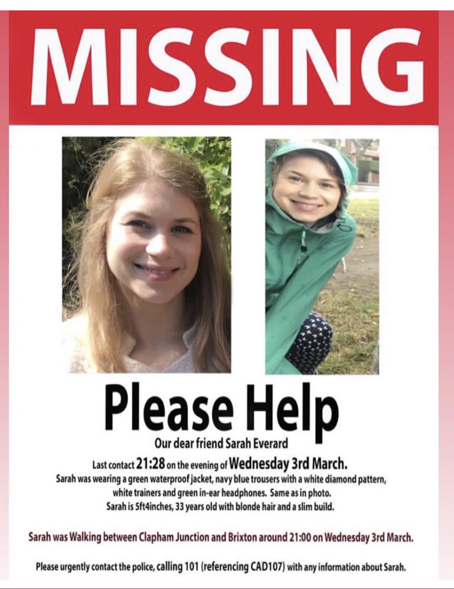 _BillieBelieves's tweet photo. Please retweet and contact the police if you have any info (however small) about #saraheverard

Lockdown winter’s forced us all to spend more time running/walking on quieter streets in the dark. Terrifying to see someone go missing like this in my area. https://t.co/UkPwJTItKe