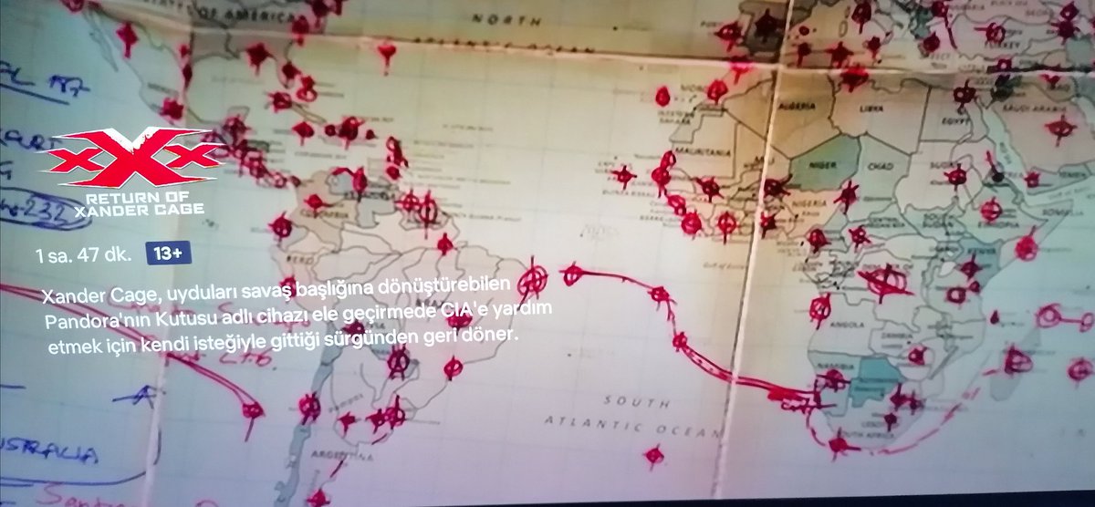 Return of Xander Cage filmindeki dünya haritası. Hiç vazgeçmeyecekler kafalarında ki planı hayata geçirmek için ellerinden geleni yapıyorlar ben daha önce fark etmemiştim yeni fark ettim bu filmdede mesaj veriyorler( Türkiye haritası) güney Dogu bölgesi