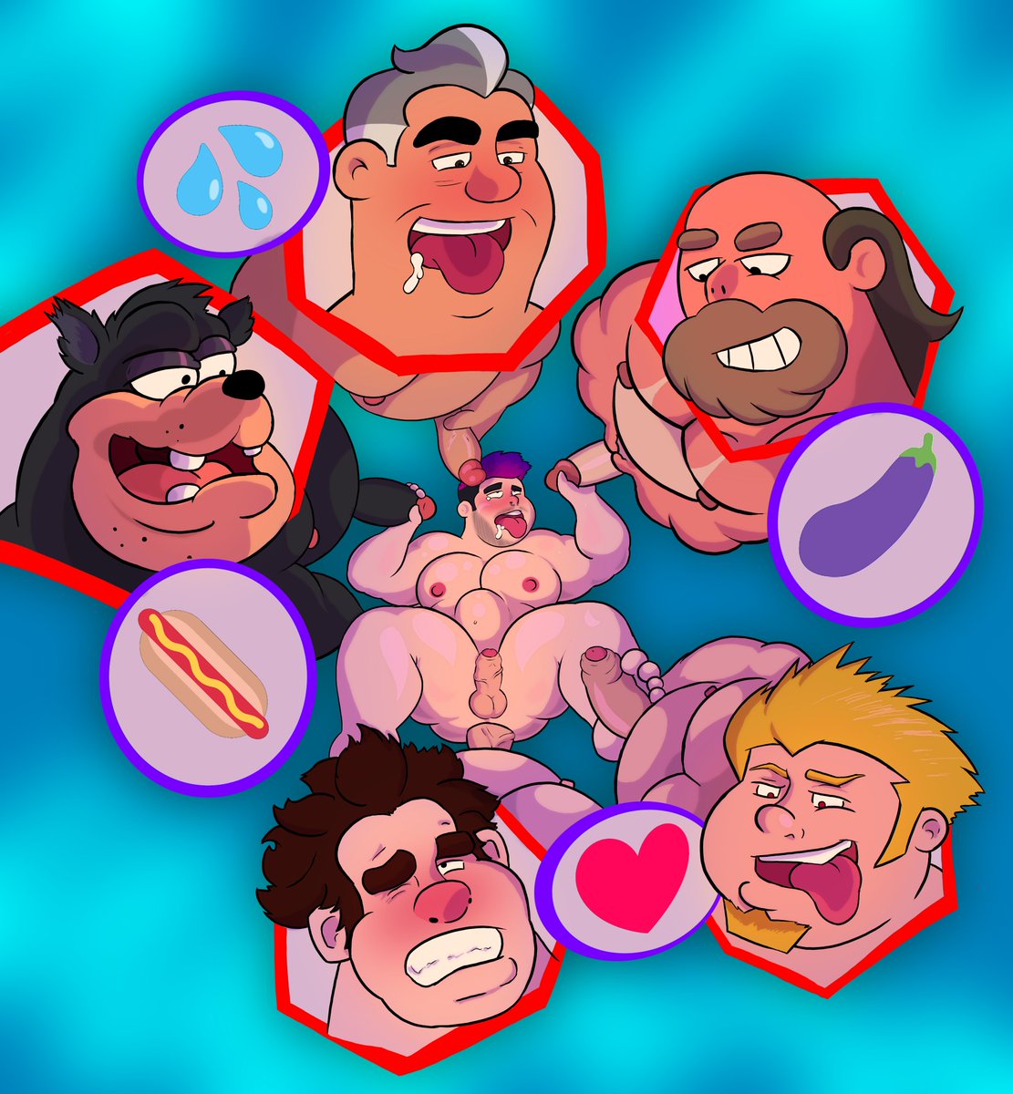 commissioned by @piggyslutboy of himself surrounded by a bunch of daddies in need of release #gay #bara #pete #coop #megasxlr #gooftroop #maxtennyson #WreckItRalph #greguniverse