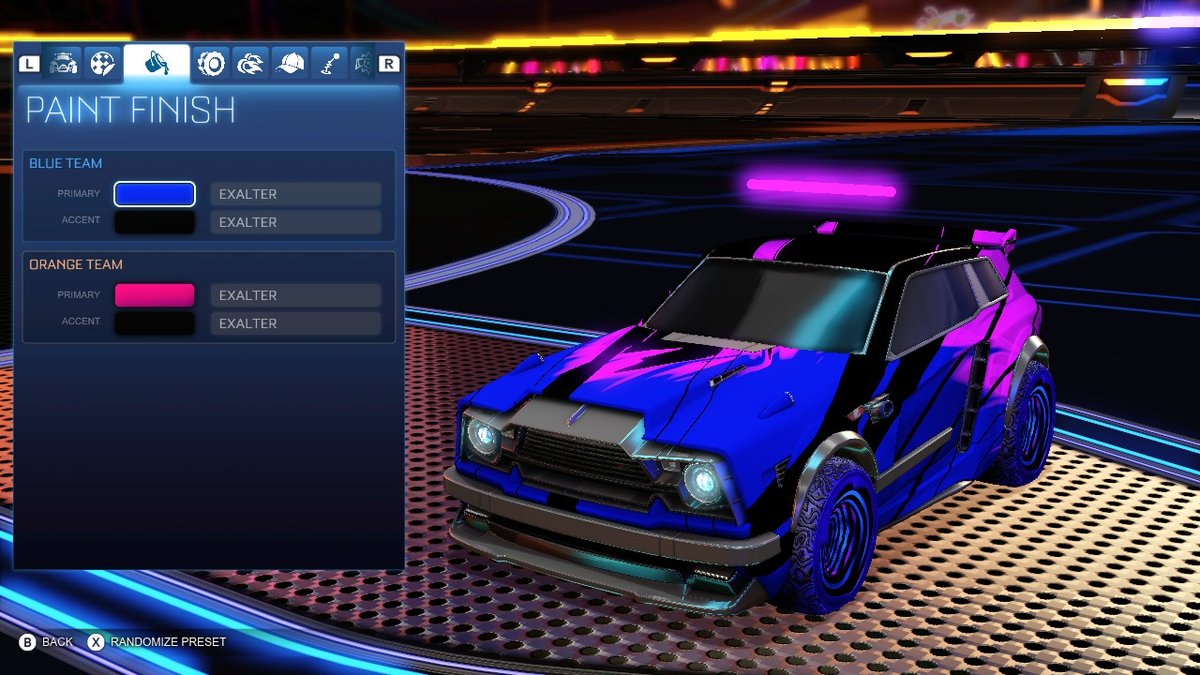 NintendoSky1's tweet photo. #NintendoSwitch #RocketLeague #RLDesign #Epicgames EXALTER DESIGN
-Purple Exalter-Black Market Decal
-Hypenotik-Wheel
-Purple Halo-Topper https://t.co/Sroa1CduhU
