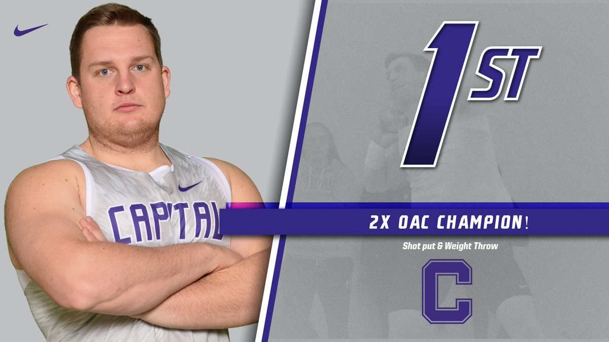 cap_athletics's tweet image. Not only is now an OAC record holder, but @J_Miller_98 is a TWO-TIME CHAMPION ... AGAIN! He also won the weight throw earlier today! On his last throw, Josh flew into 1st with a 17.57-meter throw 🥇 #CapFam #CapTrack