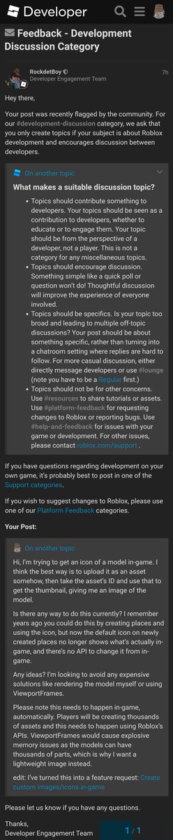 Scripton On Twitter Remember That Dev Forum Post Yesterday Where I Asked For Help With Icons For Models It Got Taken Down After A Flag Nice Https T Co Vijgnixwbo - roblox support forum
