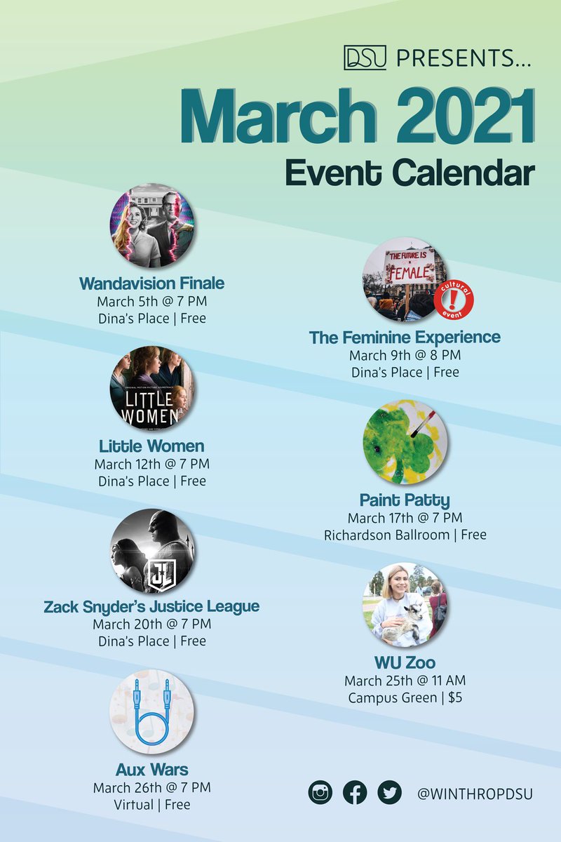 WinthropDSU's tweet photo. Take a look at our event calendar for the month of March! 🍀 
⚡️ Our next event is THIS Tuesday (3/9) and it’s a CULTURAL EVENT! 
To sign up for our events, click this link:
https://t.co/AQQwFIRYXO https://t.co/od1wu1YTEp
