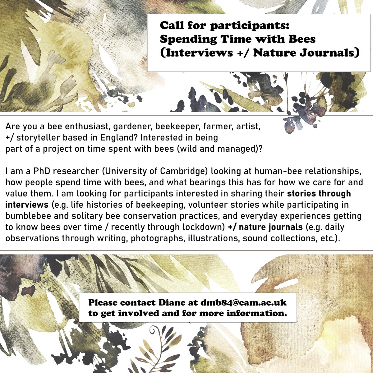 📢 Call for Participants: Spending Time w/ #Bees ⏰🐝

Are you a bee enthusiast, gardener, beekeeper, farmer, artist, +/ storyteller based in #England? Int. in being part of a proj. on time w/ bees? 🧵👇 Pls share widely!
<a href="/B_Strawbridge/">Brigit Strawbridge</a> <a href="/JeffOllerton/">Prof. Jeff Ollerton - @JeffOllerton@ecoevo.social</a> <a href="/nikkigammans/">BuzzingSouthEast</a> <a href="/britishbee/">BBKA</a>