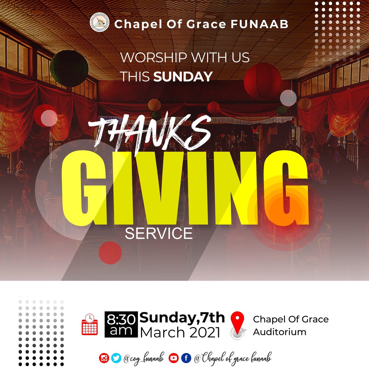 cog_funaab's tweet photo. Join us tomorrow as we Give thanks to the Lord; Our Shepherd!!

See you in Service tomorrow by 8:30am

#Cogfunaab #sundayservice #chapelofgrace #thanksgiving https://t.co/W8XBIhFlLQ
