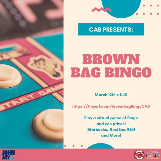 jjaycab's tweet photo. Join CAB for one our favorite events of the semester! Forget the stresses of the semester and enjoy quality time with your peers! Have a chance to win gift cards from Starbucks, BestBuy, B&amp;H, Applebee’s, and Ben and Jerry’s! Register Here: https://t.co/Y743LI95Dq https://t.co/qfrxymOWtN