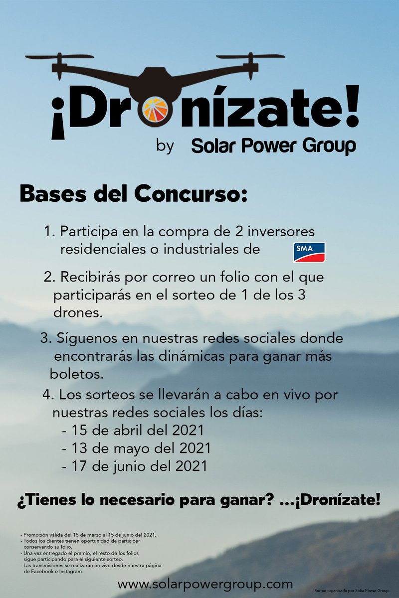 solarpowergroup's tweet photo. ¡Participa en nuestro sorteo y lleva tu proyecto a otro nivel!
Comprando inversores SMA podrás ganar uno de los tres drones que tenemos para ti.
Sigue las bases y se uno de nuestros ganadores.
#giveaway #dronizate2021 #SolarPowerGroup #energiasolar #EnergiaRenovable https://t.co/QRep5royHj