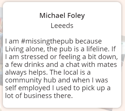 CampaignforPubs's tweet photo. Our #UKPubs are more than a place for a pint! They are social hubs and can be, for many, where we catch up with friends &amp; family! 
Are you #missingthepub like Michael is in #Leeds? 

Join the online conversation to say what you are missing most about #Pubs https://t.co/SOaHXvS5sh https://t.co/7H7hrjDAO4