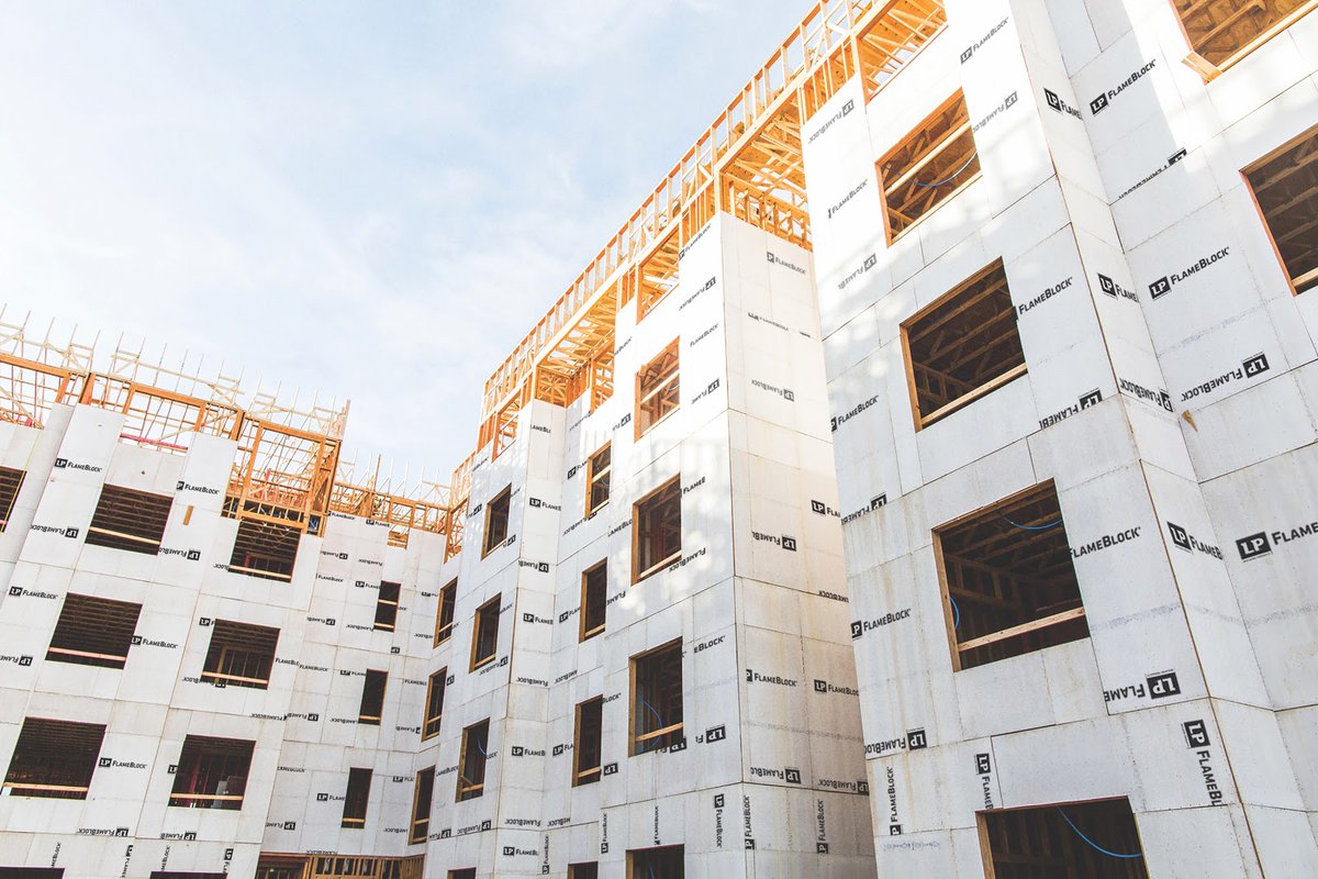lpcorp's tweet photo. Not only is #LPFlameBlock Fire-Rated Sheathing proven to slow down the spread of flames, it also allows for design flexibility while meeting code, which can be especially challenging with multifamily builds. https://t.co/GkwlFlU4PS