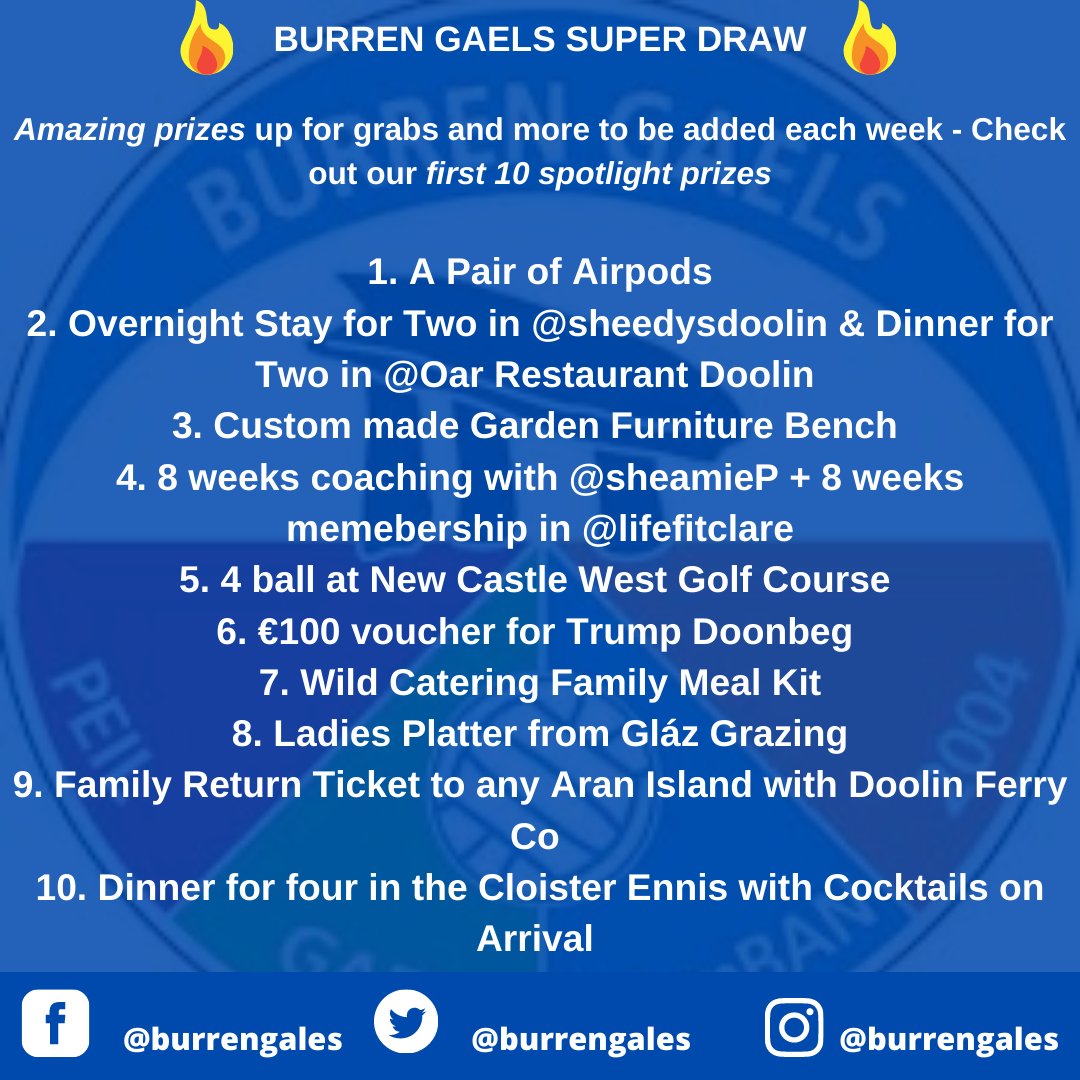 🔥 BURREN GAELS SUPER DRAW🔥

If you're not in, you can't win!

❗ €10 for 1 ticket 
❗€25 for 3 tickets 
❗€45 for 5 tickets 

Link to enter burrengaels.clubzap.com/products

Make sure to comment/retweet on which prize you love the most &amp; follow the business on Instagram &amp; FB! ❤