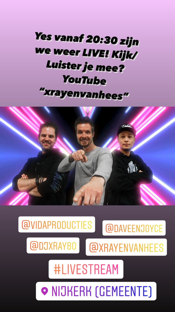 Kijk je mee? YouTube “xrayenvanhees” 20:30 <a href="/Basvanhees/">Sebastiaan</a> <a href="/djxray1980/">Raymond Veldhuizen</a> #xrayenvanhees #livestream #housedj