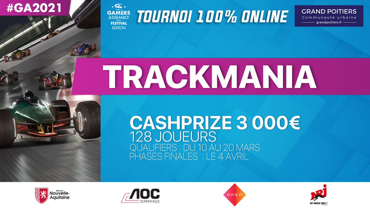 Amateurs de Trackmania, le moment est venu de montrer votre skill. La #GA2021 n'attend plus que vous. 😎

🔹 1er qualifier : 10 mars 2021
🔹 Cashprize : 3000€
🔹 Inscrivez-vous : ga2021.gamers-assembly.net/news/tournoi-t…