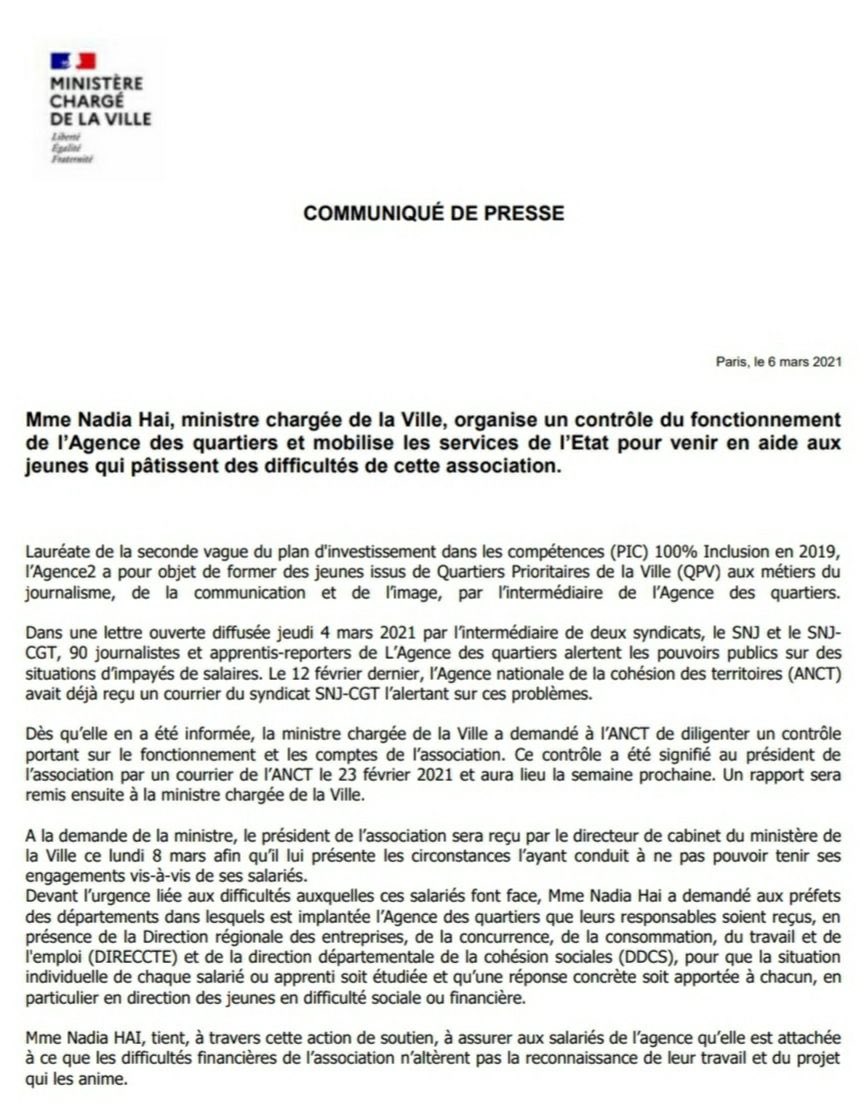 Face aux difficultés de l'Agence des quartiers, j’ai demandé à l’ANCT de diligenter un contrôle du fonctionnement et des comptes. J’ai également demandé aux services de l’Etat de se mobiliser pour venir en aide aux jeunes victimes de la situation. Mon Communiqué de presse :