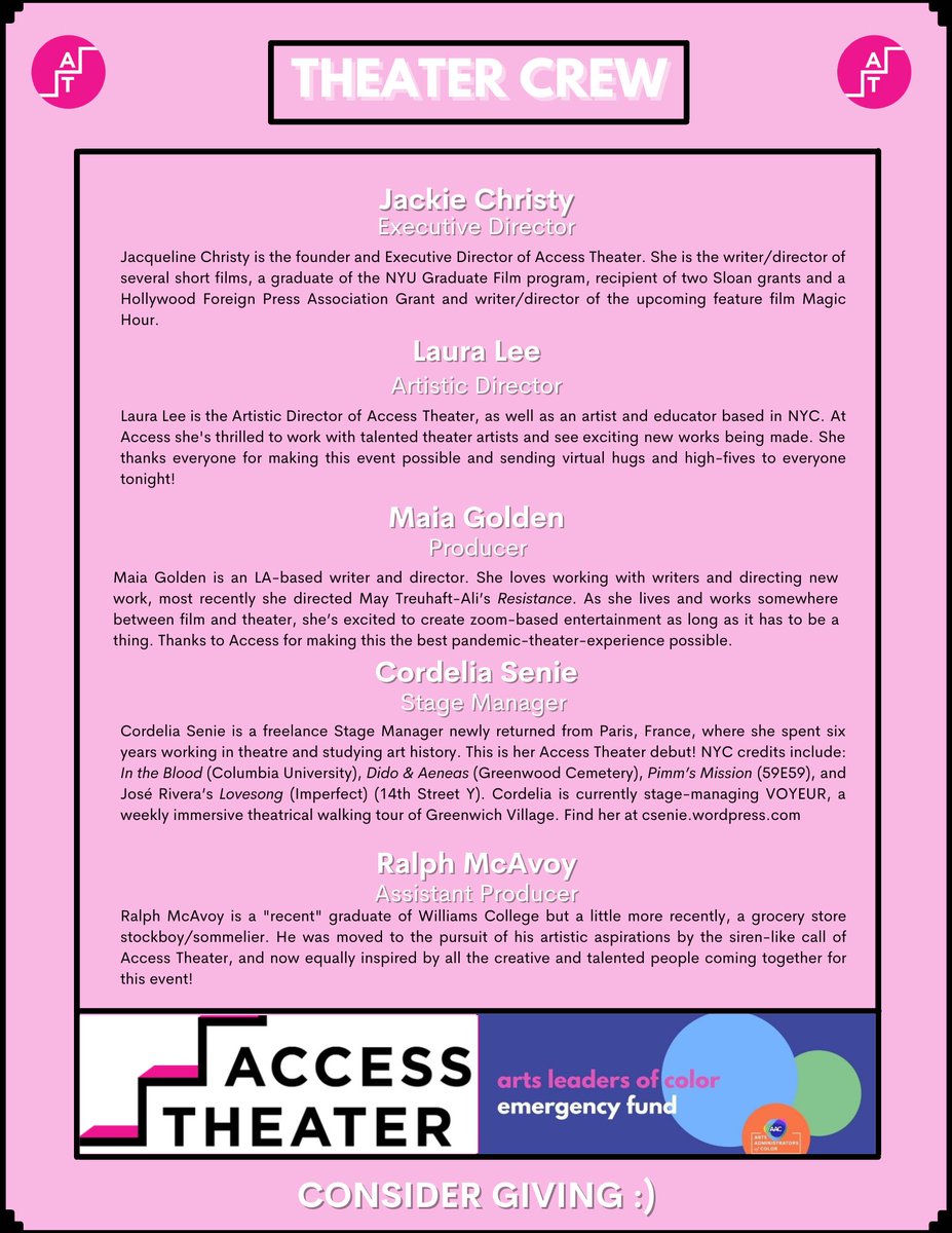 Join us tonight at 7pm EST for our first ever virtual programming! We are hosting 14 exciting new works and raising money for The Arts Leaders of Color Emergency Fund and the Access Theater Capital Fund. Link for Tickets: eventbrite.com/e/access-theat…