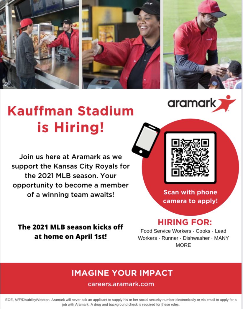 Baseball is BACK!!! ⚾️ Join our Aramark team at Kauffman Stadium for an exciting season 👍
